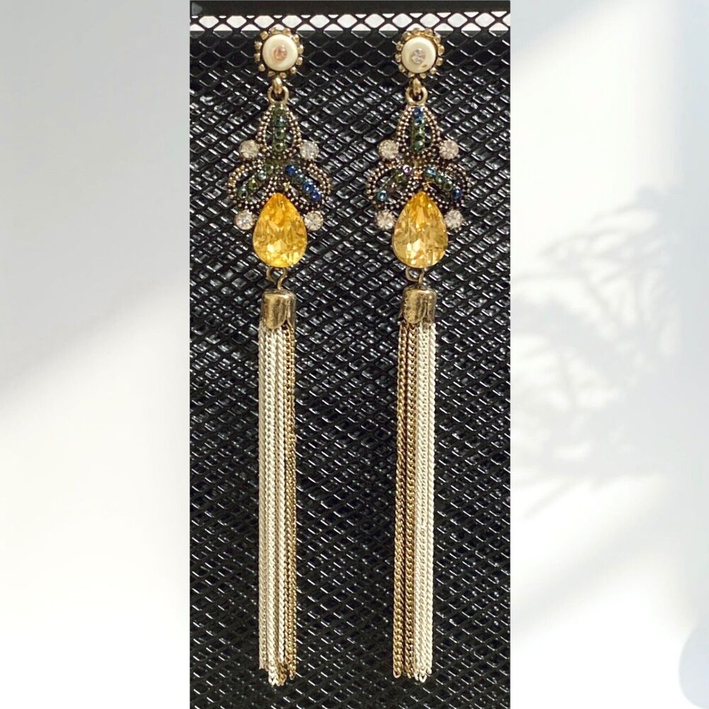 Rhinestone Chain Tassel Drop Earrings Pierced Long Beaded Dangle Antiqued Boho